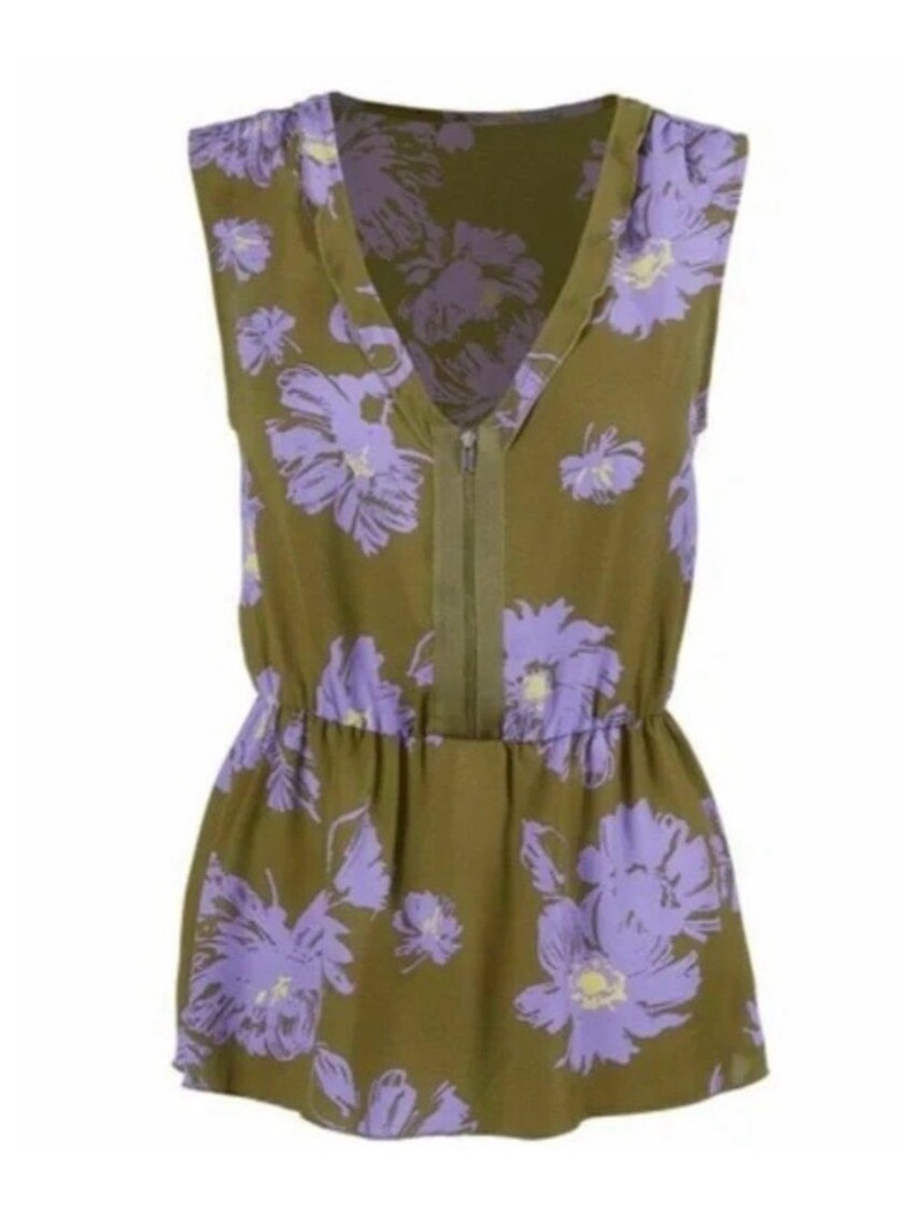 CAbi Olive Green Sleeveless Top with Lavender Floral Accents